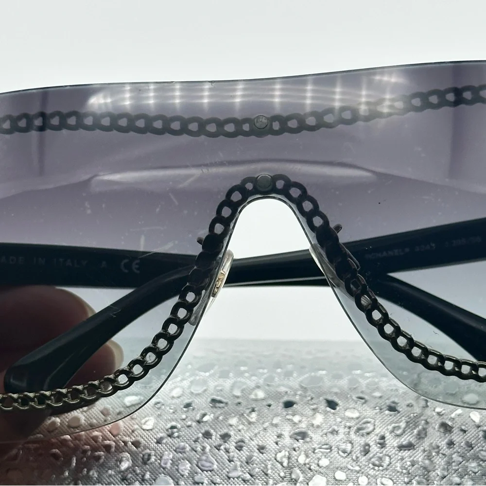 CHANEL Smoke Grey Black Sunglasses Gold Chain Detail Luxury Authentic Designer